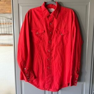 H-Bar C Vintage Mens Western Single Stitch Pearl Snap Long Tail Shirt, Red,17/36